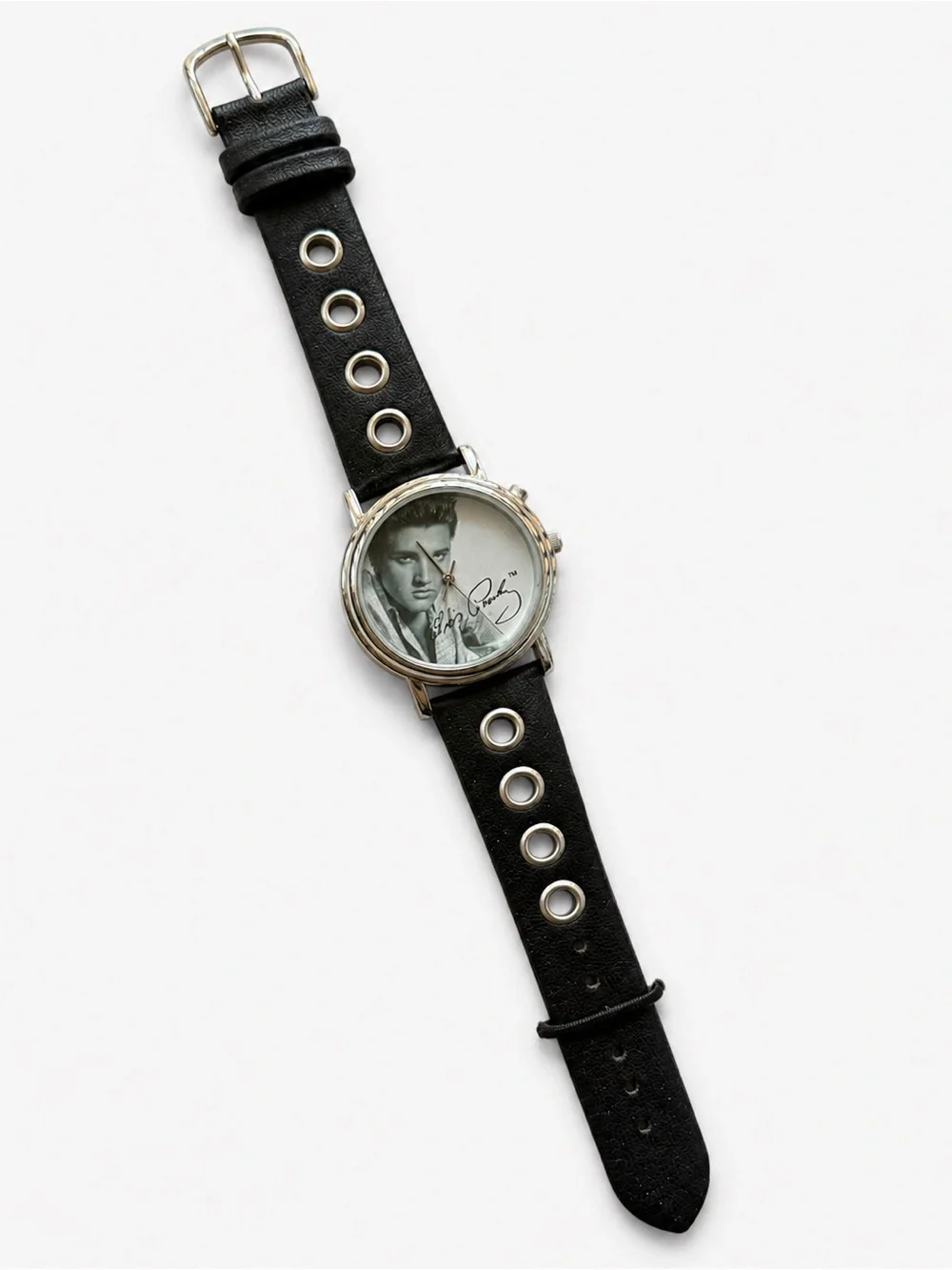 Elvis Presley - Black Leather Strap Silver-Tone Watch with Signature Dial